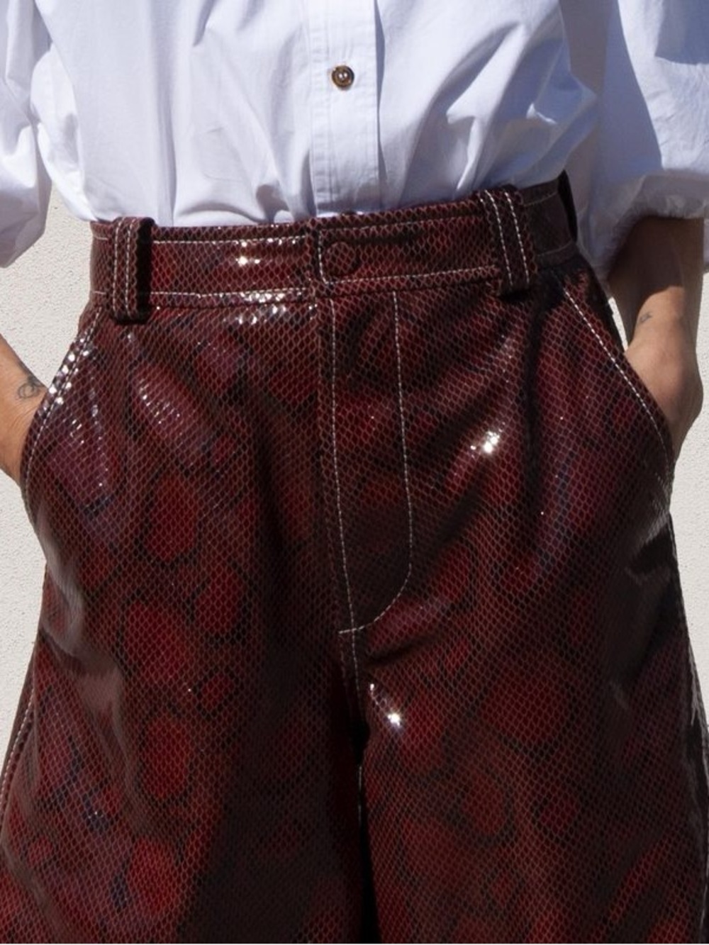 Ganni Snake Foil Leather High Waist Shorts